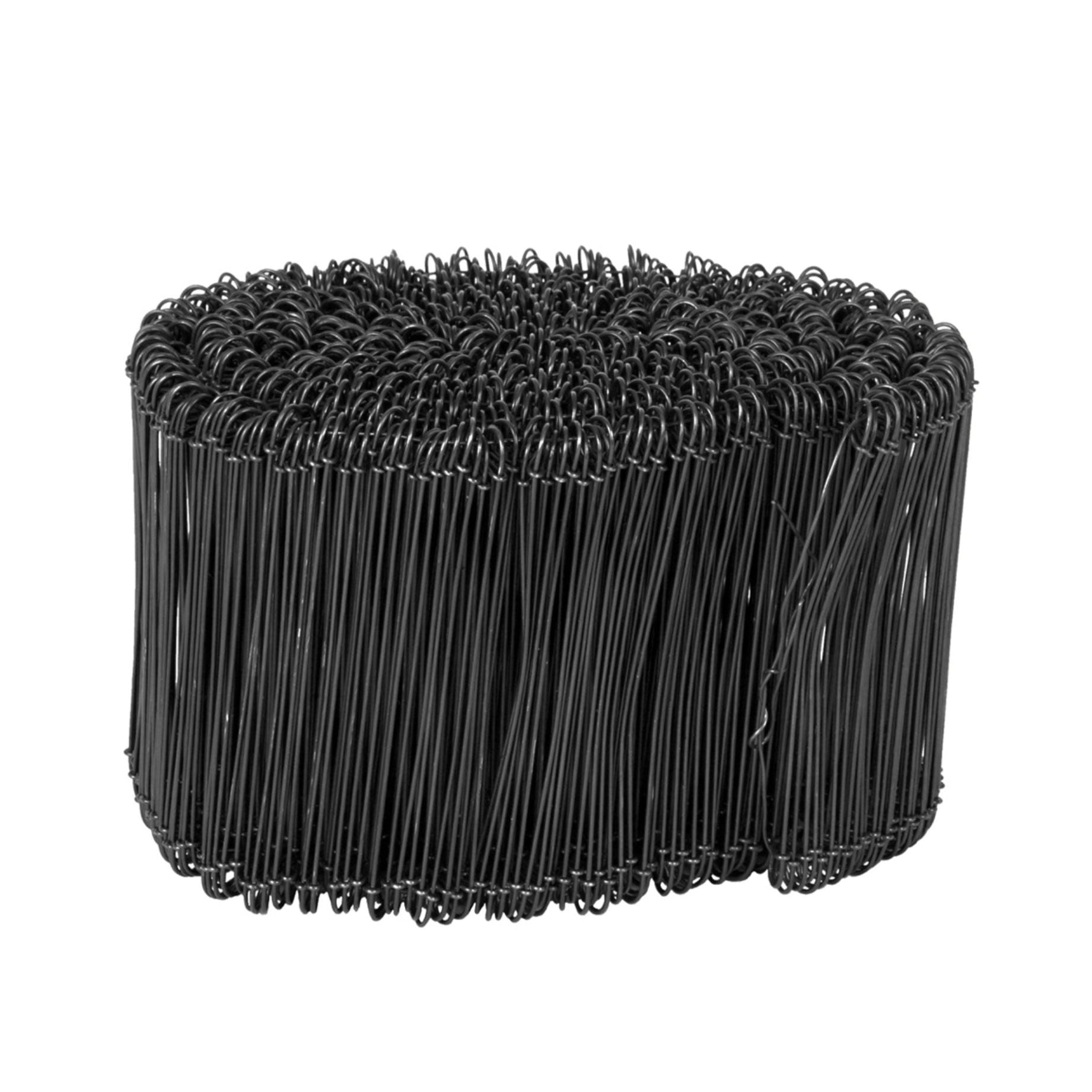 The Grip-Rite BT1661MR Rebar Tie Wire features wire shaped into an oval resembling a spool, similar to bar ties, and forms a textured surface like chain link fencing. This 16-gauge product comes in 1000 pieces and is isolated on a white background.